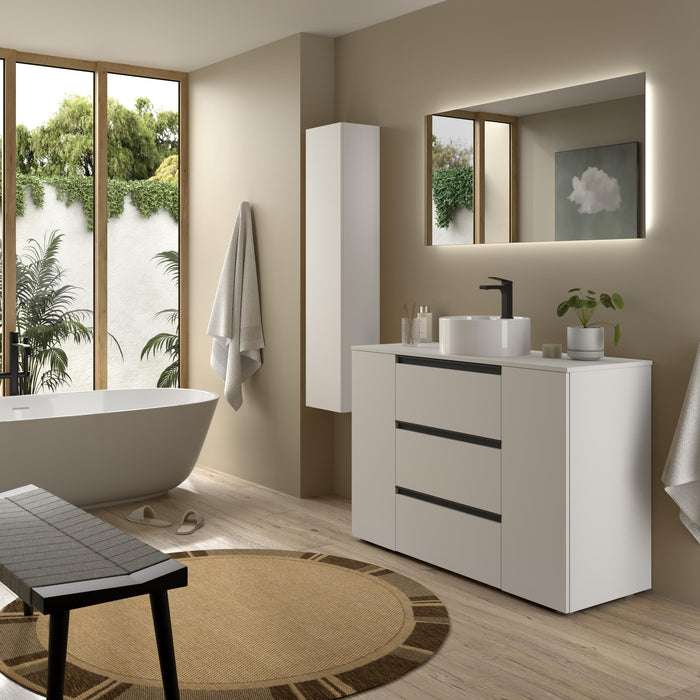 SALGAR BEQUIA PLUS Mueble 3C Lavabo sobre encimera 120 cm Blanco Mate Tirador Negro