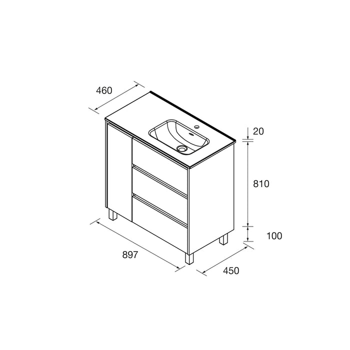 SALGAR NOJA 910 Mueble de Baño con Lavabo 3 Cajones 1 Puerta Izquierda Color Blanco Mate