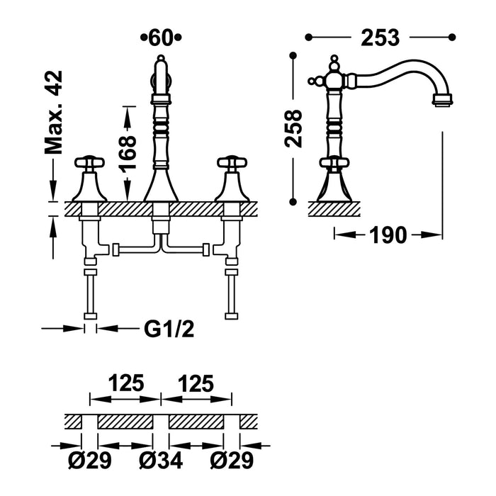 TRES 24210501LM TRES CLASIC Grifo Bimando De Repisa para Lavabo Color Latón Viejo Mate