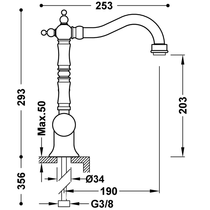 TRES 24210801LM TRES CLASSIC Single-lever Faucet with Side Handle for Sink Old Matte Brass Color