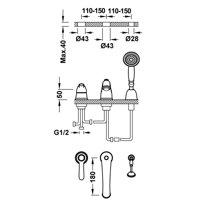 TRES 24214501LV TRES CLASSIC Single-lever Mixer Tap for Bathtub Edge Old Brass Color