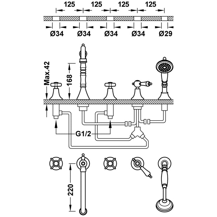 TRES 24214601LM TRES CLASSIC Two-Handle Faucet for Bathtub Edge Old Matte Brass Color
