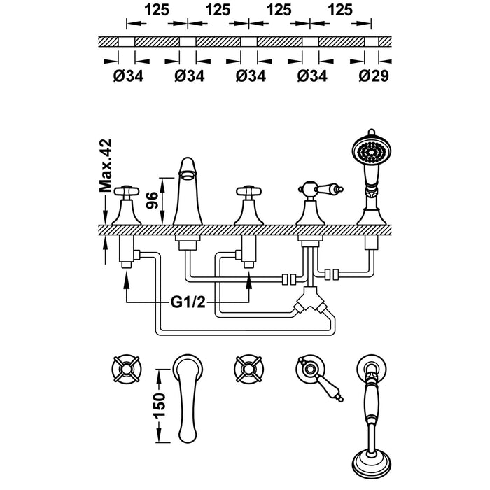 TRES 24214602LV TRES CLASSIC Two-Handle Faucet for Bathtub Edge Old Brass Color