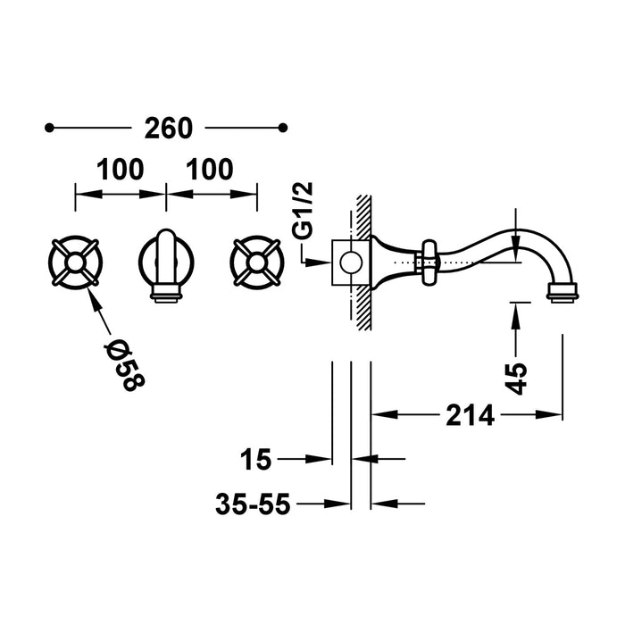 TRES 24215101LM TRES CLASIC Grifo Bimando Empotrado para Lavabo Color Latón Viejo Mate