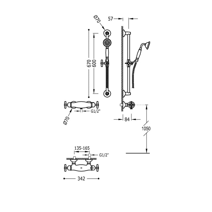 TRES 24216402AC TRES CLASSIC Wall-Mounted Thermostatic Faucet Kit for Shower Steel Color