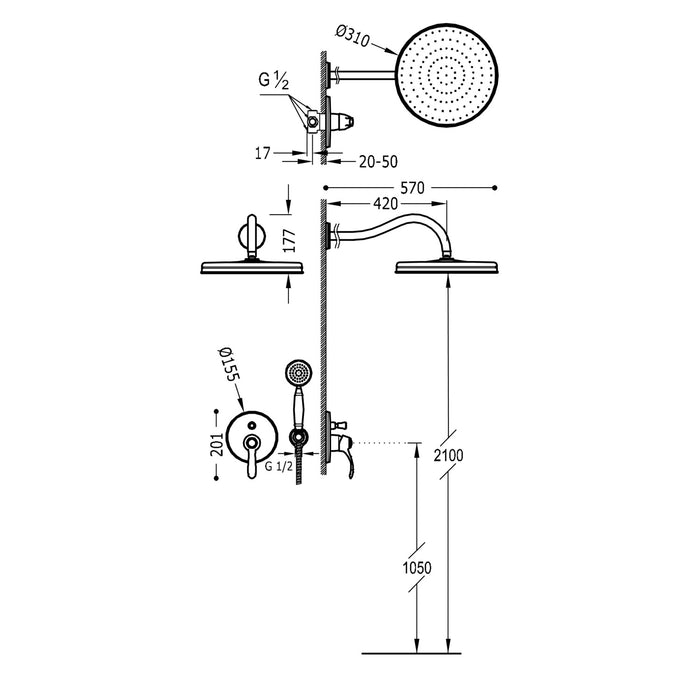 TRES 24218003AC TRES CLASSIC Built-in 2-Way Single-Lever Faucet Kit for Shower Steel Color