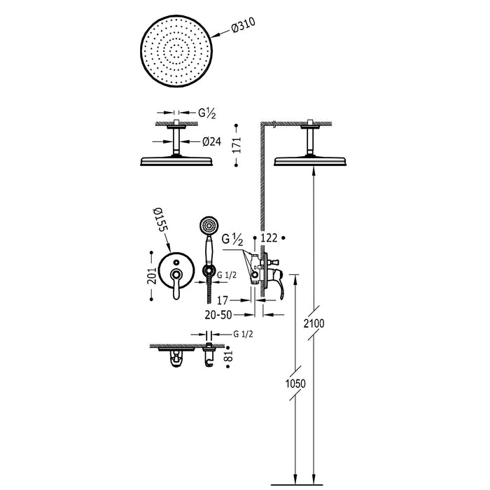 TRES 24218004AC TRES CLASSIC Built-in 2-Way Single-Lever Faucet Kit for Shower Steel Color