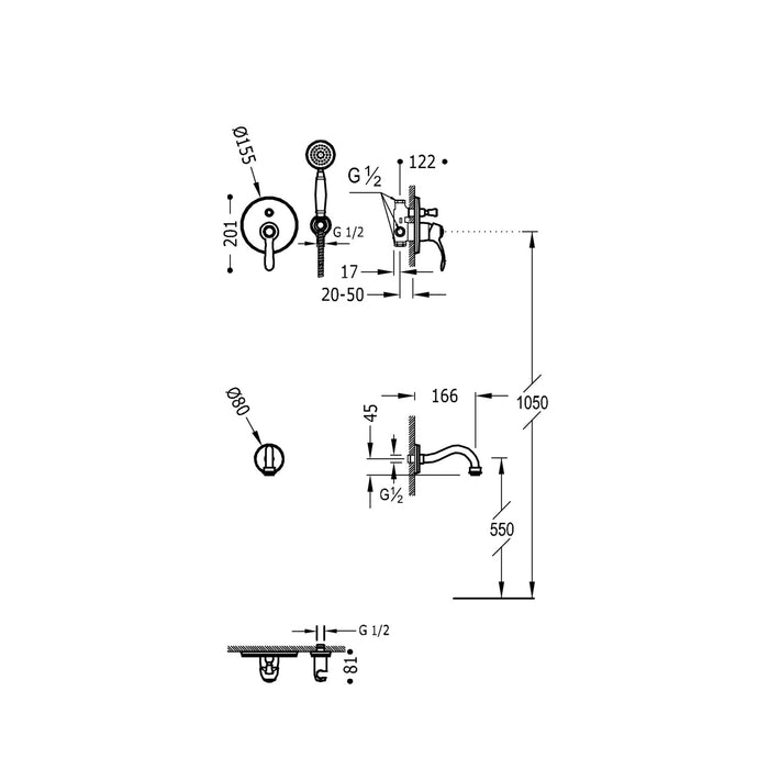 TRES 24218005LM TRES CLASSIC Built-in 2-Way Single-Lever Faucet Kit for Shower Old Matte Brass Color