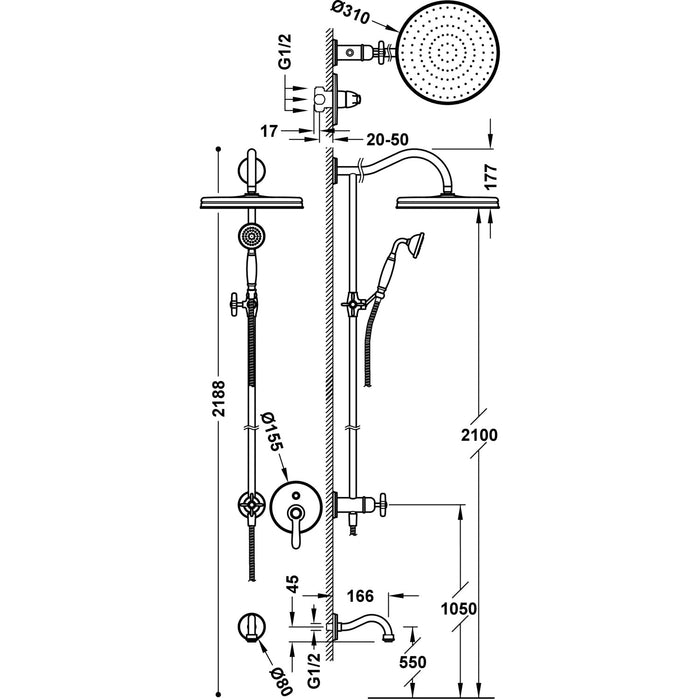 TRES 24218006AC TRES CLASSIC Built-in 2-Way Single-Lever Faucet Kit for Bathtub and Shower Steel Color