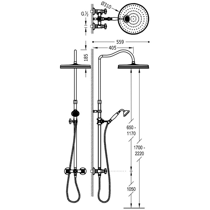TRES 24219101AC TRES CLASSIC Wall-Mounted Two-Way Dual-Handle Faucet Set for Shower Steel Color