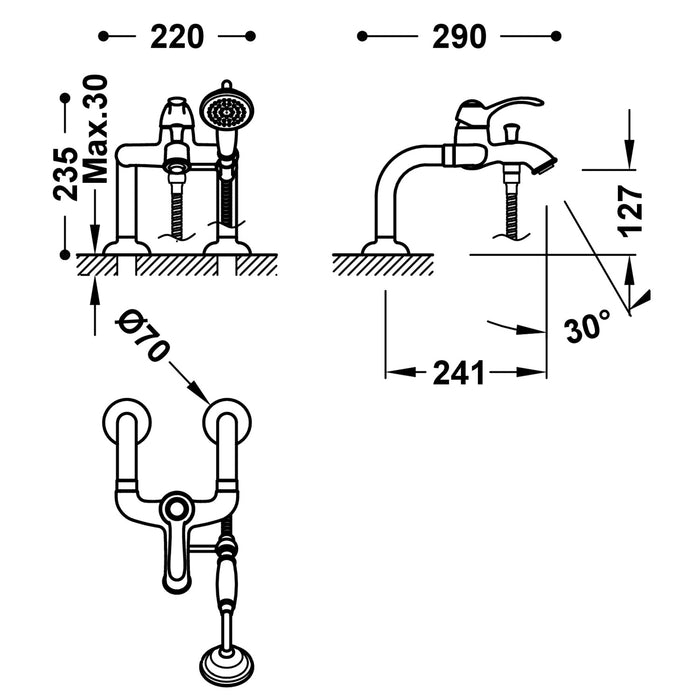 TRES 24219401LM TRES CLASSIC Single-lever Mixer Tap for Bathtub Edge with Angled Water Inlets Old Matte Brass Color