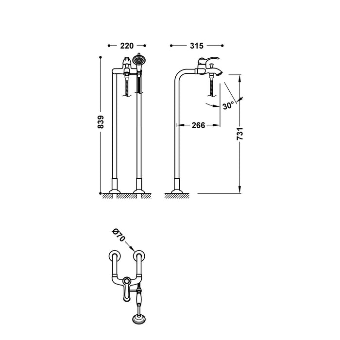 TRES 24219402LV TRES CLASSIC Single-lever Floor-mounted Faucet for Bathtub and Shower Old Brass Color