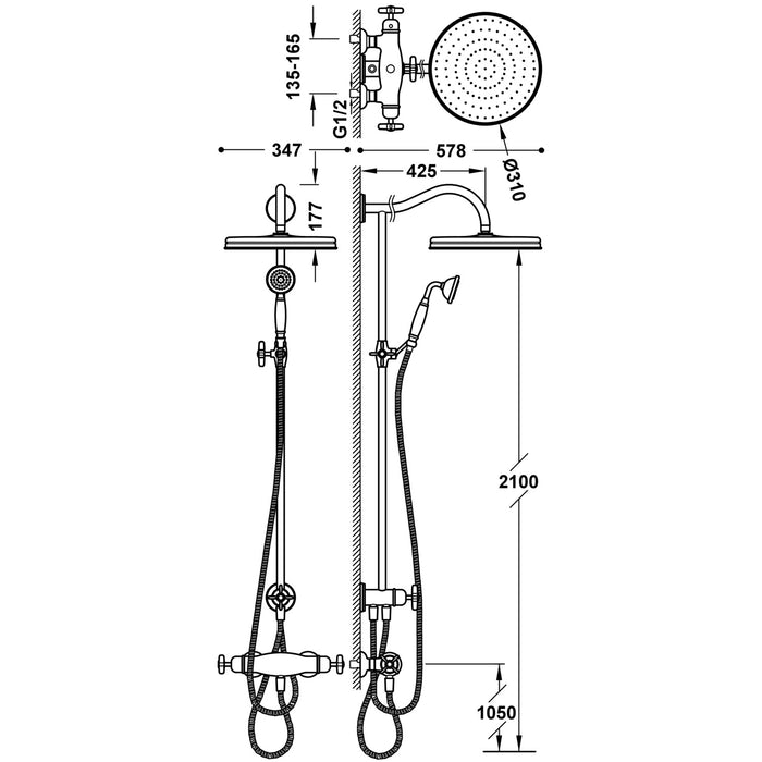 TRES 24219501LV TRES CLASIC Conjunto De Grifo Termostático Mural De 1 Vía para Ducha Color Latón Viejo