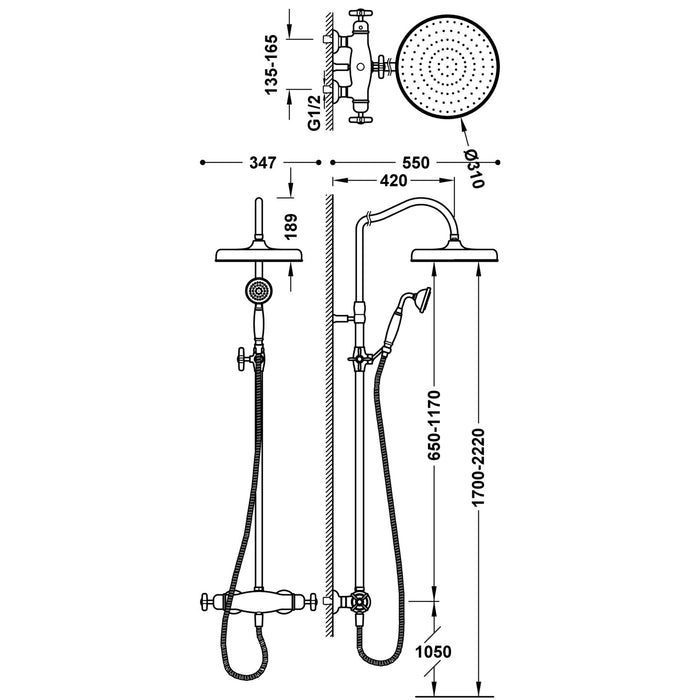 TRES 24219502AC TRES CLASSIC Wall-Mounted 2-Way Thermostatic Faucet Set for Shower Steel Color