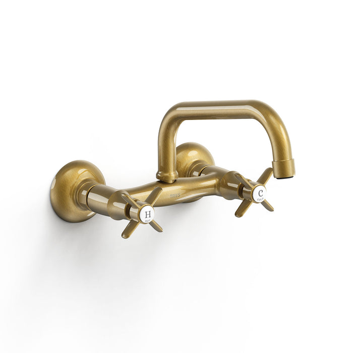 TRES 24221501LV KITCHEN Two-Handle Wall-Mounted Sink Faucet Old Brass Color