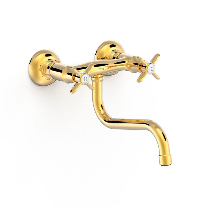 TRES 24231001OR KITCHEN Wall-Mounted Dual-Handle Sink Faucet 24K Gold Color