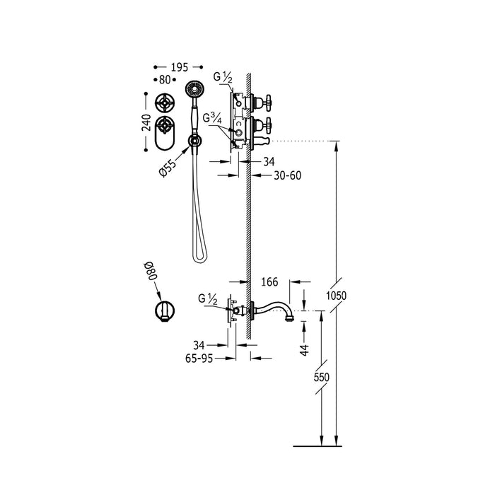 TRES 24235201LM TRES CLASSIC Built-in 2-Way Thermostatic Faucet Kit Block System for Bathtub and Shower Old Matte Brass