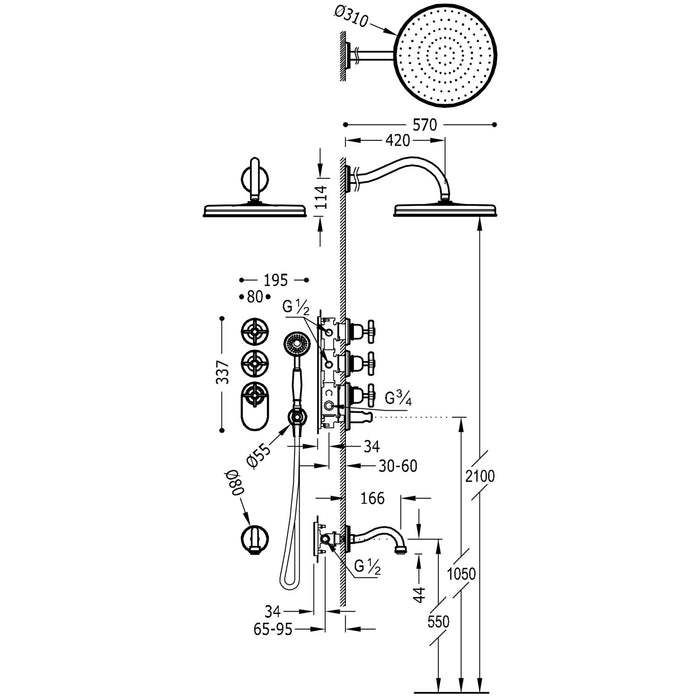 TRES 24235301AC TRES CLASSIC Built-in 3-Way Thermostatic Faucet Kit Block System for Bathtub and Shower Steel Color