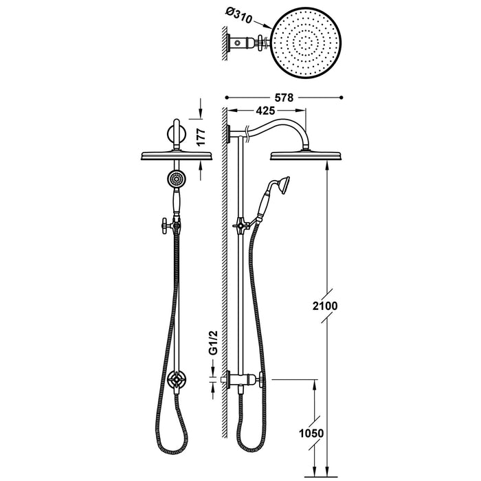 TRES 24247602LV TRES CLASSIC Shower Bar Set Without Faucet with Wall Water Inlet and Old Brass Color Showerhead