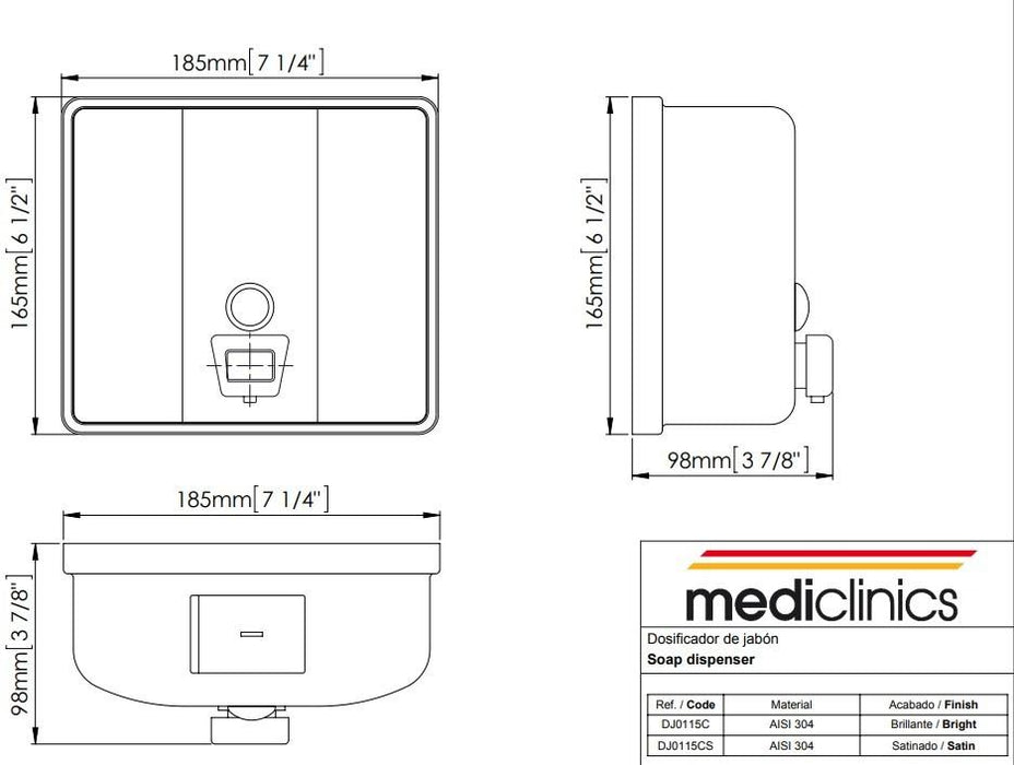 MEDICLINICS DJ0115CS Dosificador De Jabón Inox Satinado 5 a 7 Días Mediclinics 