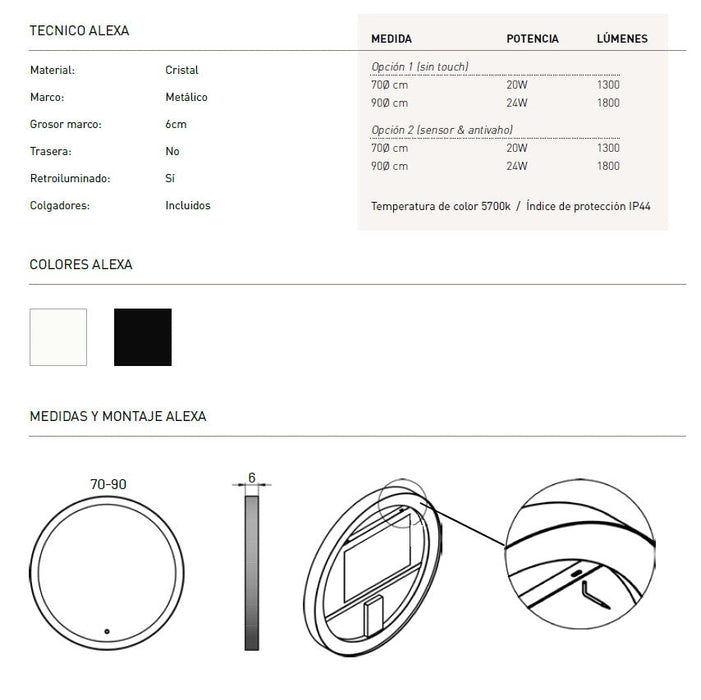 VISOBATH ALEXA Espejo Redondo con Luz LED Retroiluminado Redondo Color Blanco