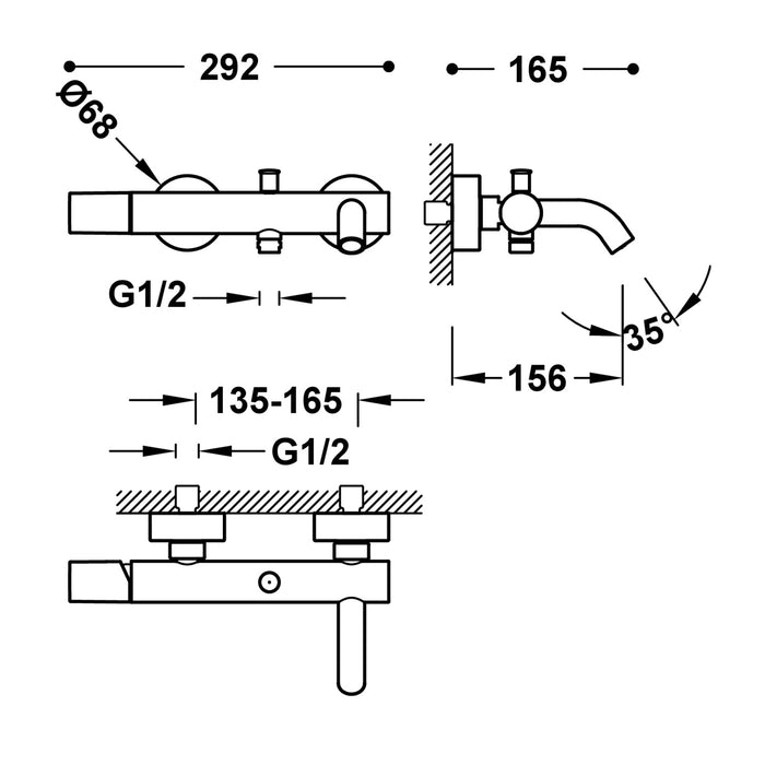 TRES 26117001OM STUDY Single-lever Wall-mounted Faucet for Bathtub and Shower Matte Gold Color 24K