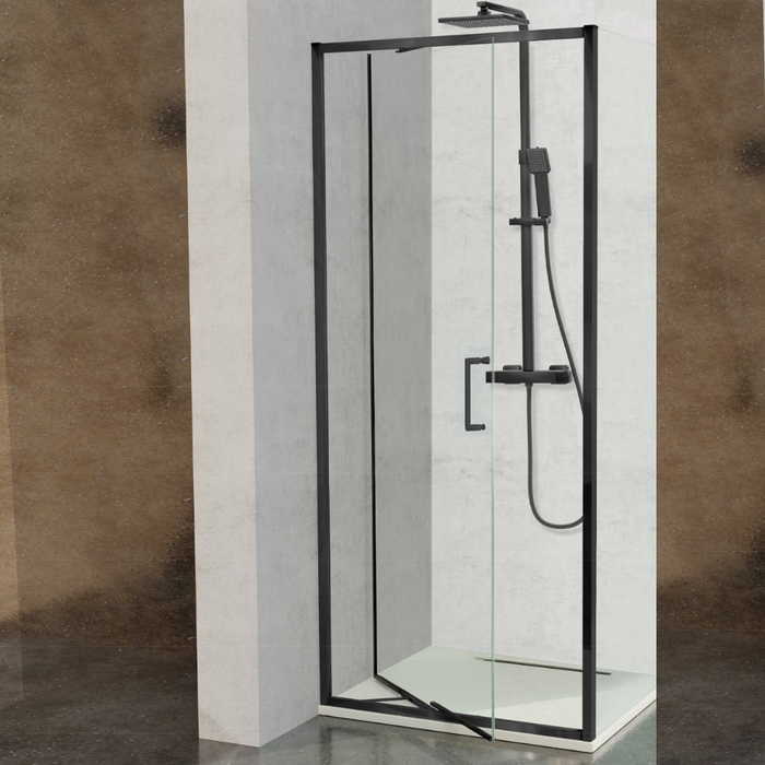 KASSANDRA PRISMA Mampara Espacios Reducidos Frente Ducha Puerta Abatible 8 mm con Brazo Oscilante Negro Mate Transparente