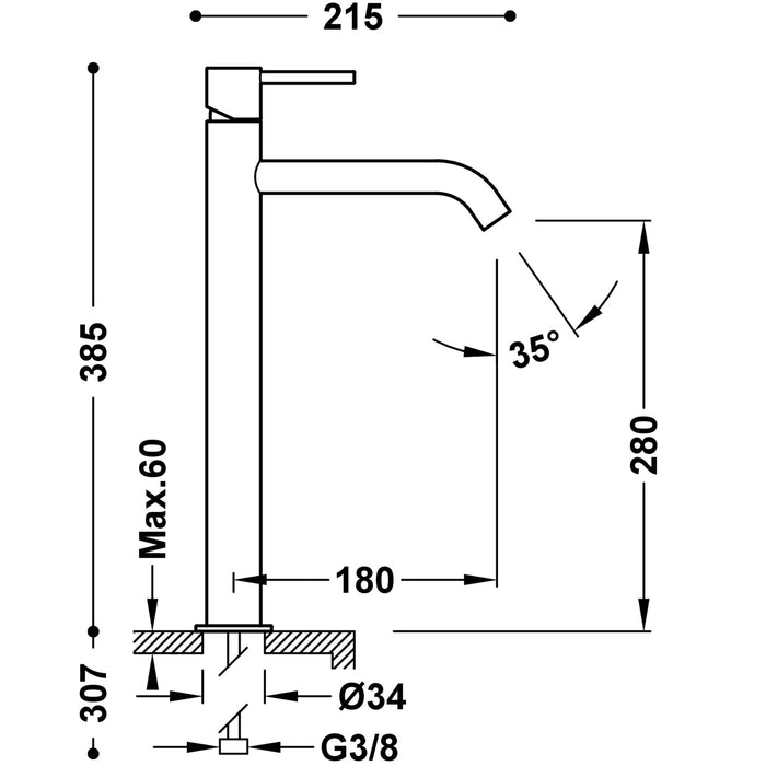 TRES 26230801AC STUDY Grifo Monomando XXL Caño Alto para Lavabo Color Acero