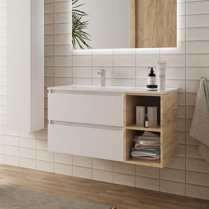 SALGAR BEQUIA Mueble de Baño con Lavabo 2 Cajones 2 Huecos Blanco Roble África Derecha