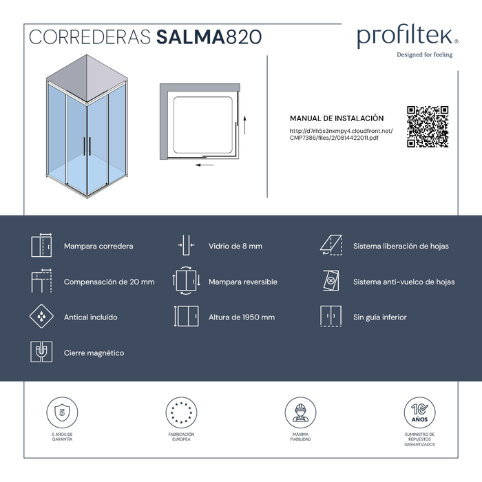 PROFILTEK SA-820 SALMA PLUS 2 hojas correderas+2 hojas fijas. 8 MM Negro Transparente