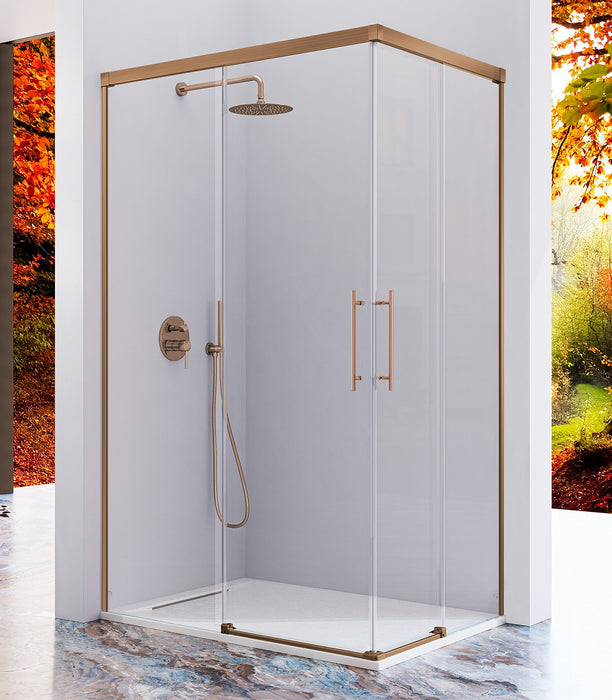 KASSANDRA URBAN Mampara Angular de Ducha 2 Fijos + 2 Hojas Correderas Bronce Cepillado Transparente