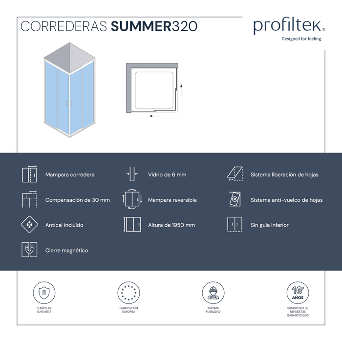 PROFILTEK SUM-320 SUMMER 2 hojas correderas+2 hojas fijas. 6 MM Plata Alto Brillo* Transparente