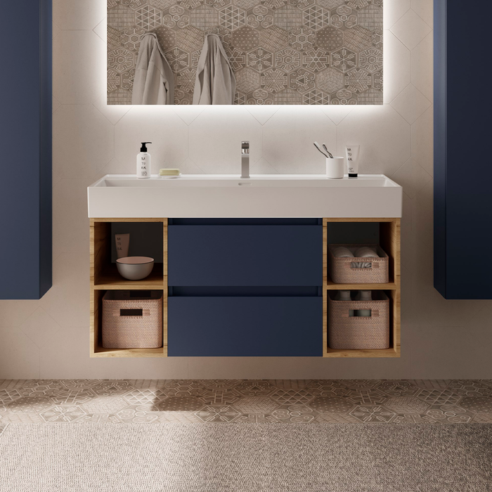 SALGAR 110551 BEQUIA Mueble de Baño con Lavabo 120 cm 2 Cajones 4 Huecos Azul Mate Roble