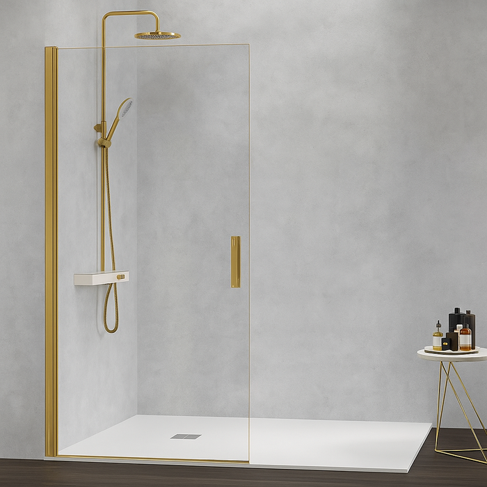 KASSANDRA NARDI Shower Screen Front Hinged Door Without Closing Profile Brushed Gold Transparent