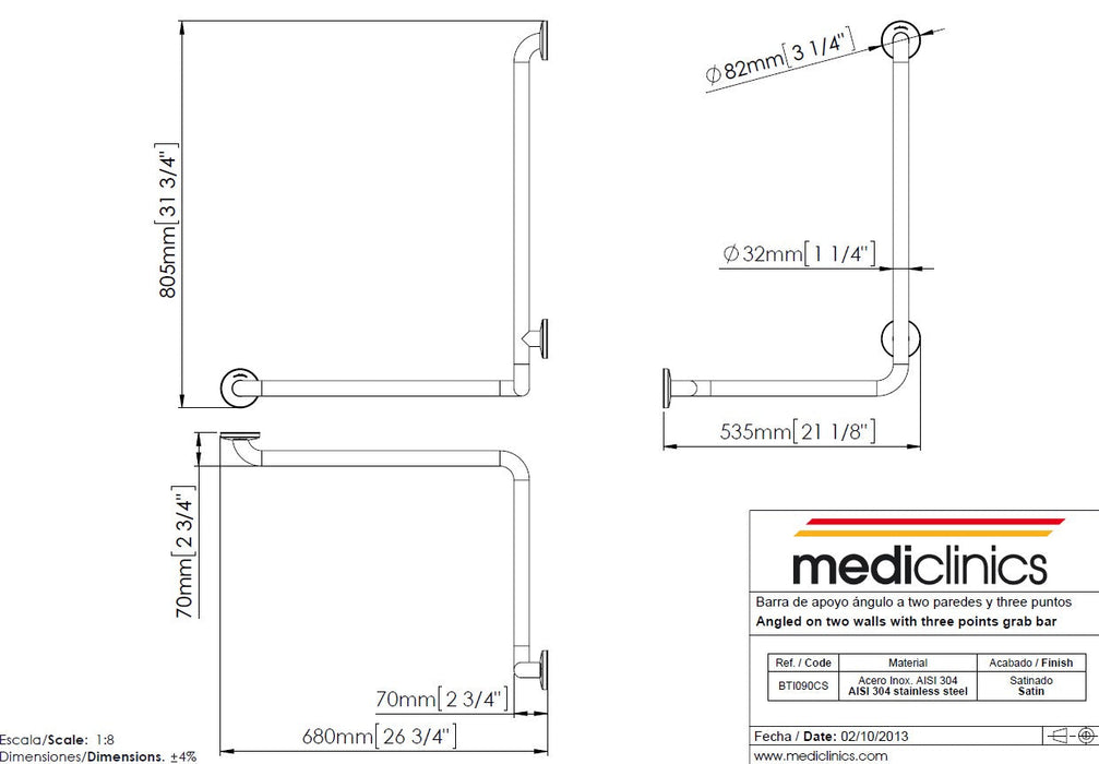 MEDICLINICS BTI090CS Barra de Apoyo de Ángulo Satinado