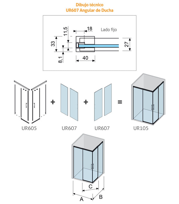 KASSANDRA URBAN  Mampara Angular de Ducha 2 Fijos + 2 Hojas Correderas Plata Brillo Transparente