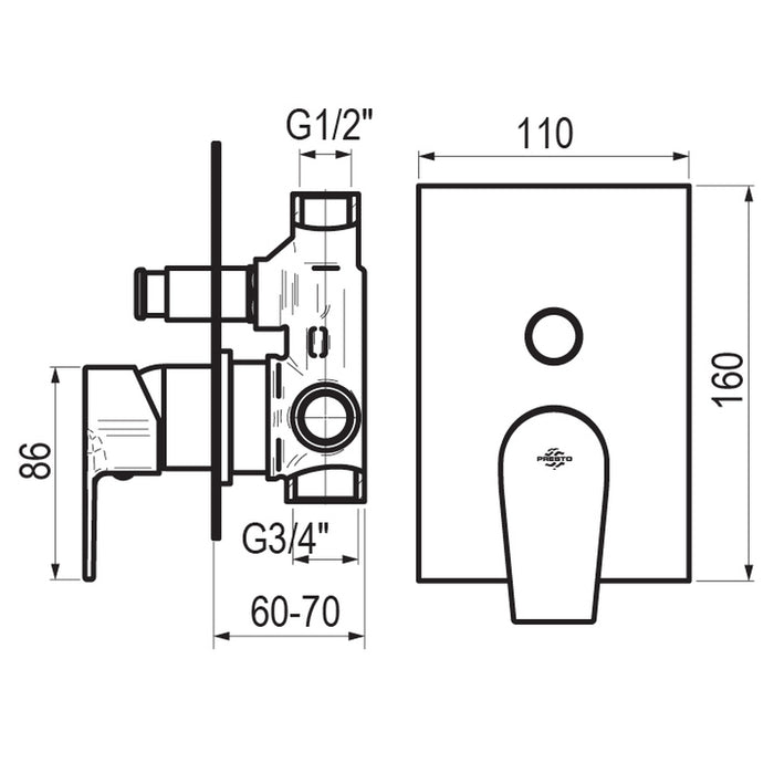 PRESTO 4607400 Aroha mecanismo ducha empotrable 2 vías Cromo