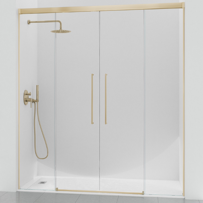 KASSANDRA PAVÍA Mampara Frente Ducha 2 Fijo +  2 Puertas Correderas Oro Cepillado Transparente