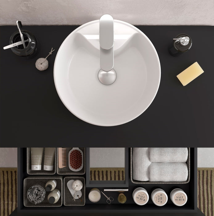 SALGAR BEQUIA Mueble de Baño con Lavabo de Posar y Encimera 2 Cajones 1 Puerta Reversible Negro Mate Roble