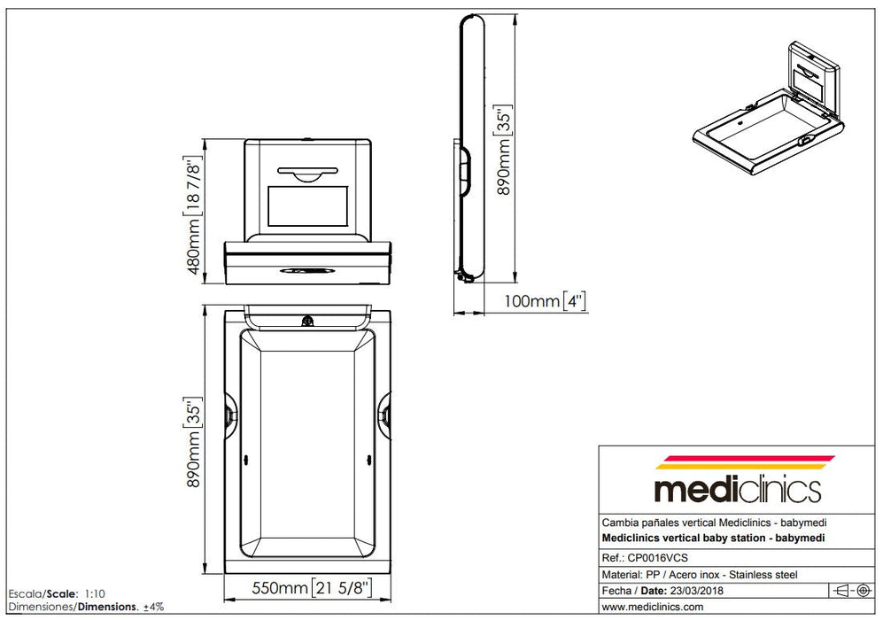 MEDICLINICS CP0016VCSB BABYMEDI Cambia Pañales Inox Negro Vertical