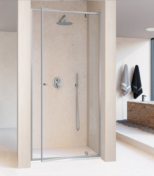 KASSANDRA PIVOT Mampara Frente Ducha Fijo 5 mm +  Puerta Abatible Pivotante 6 mm Plata Brillo Transparente