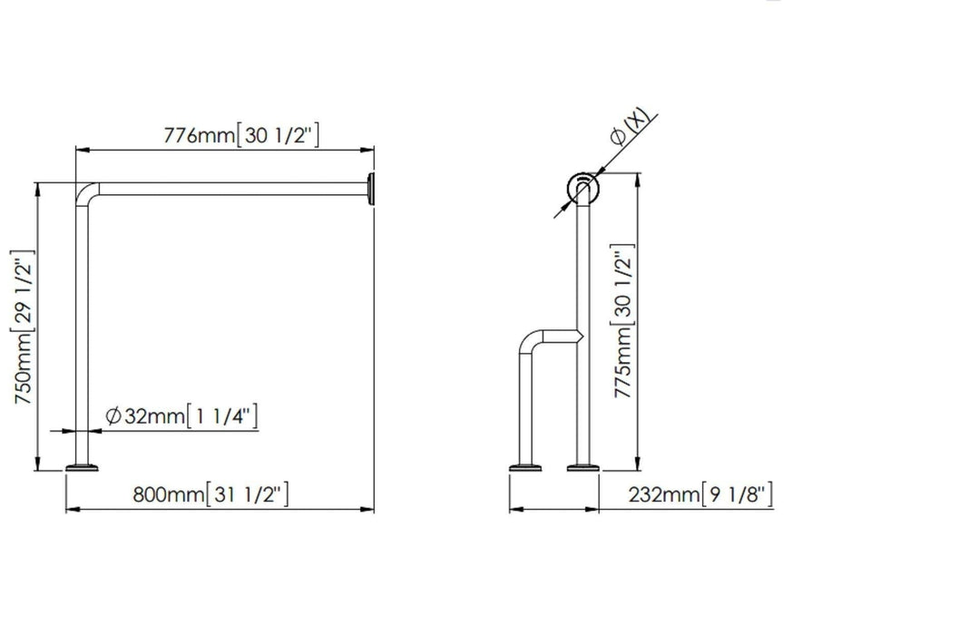 MEDICLINICS BSD020C Wall/Floor Bar 3 Stainless Steel Supports Bright Finish