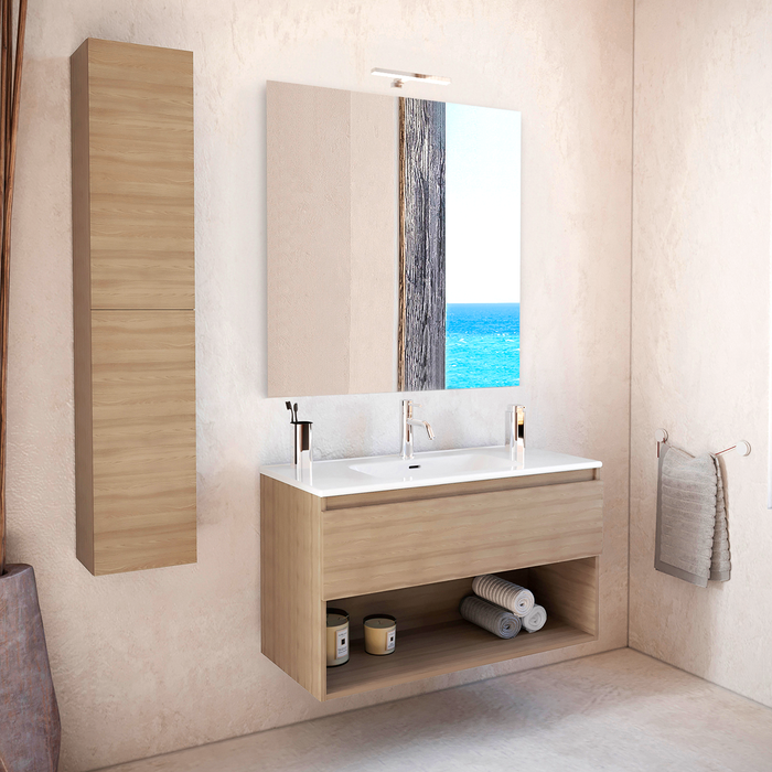 COSMIC BBEST Complete Bathroom Furniture Set 1 Drawer and 1 Hole Natural Walnut Color