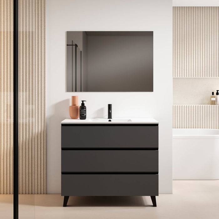 VISOBATH GRANADA Conjunto Mueble de Baño Completo 3 Cajones Color Ceniza Tirador Negro