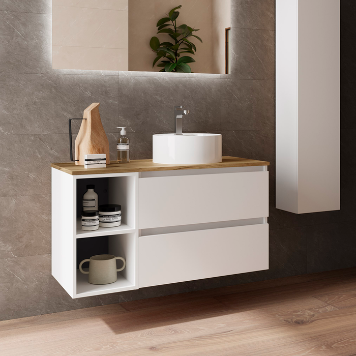 SALGAR BEQUIA Mueble de Baño con Lavabo de Posar y Encimera 2 Cajones 2 Huecos Blanco Mate Roble