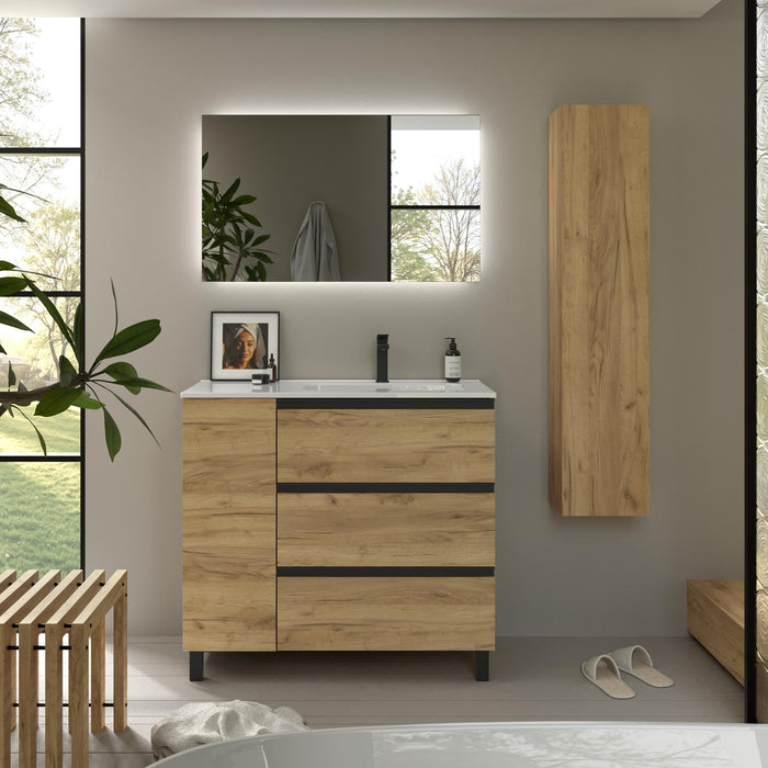 SALGAR 117554 BEQUIA PLUS METAL Mueble de Baño 1 poza Porcelana 110cm Roble
