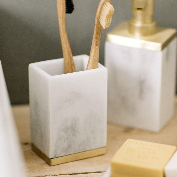 ANDREA HOUSE BA68123 Resin Polish Brush Holder Marble Effect Matte Gold Stainless Steel