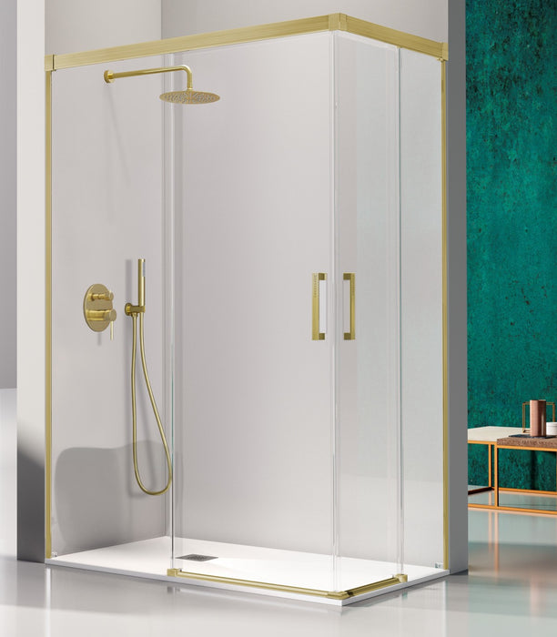 KASSANDRA GLASÉ Angular Ducha 2 Fijos + 2 Hojas Corredera 6 mm Oro Cepillado Transparente