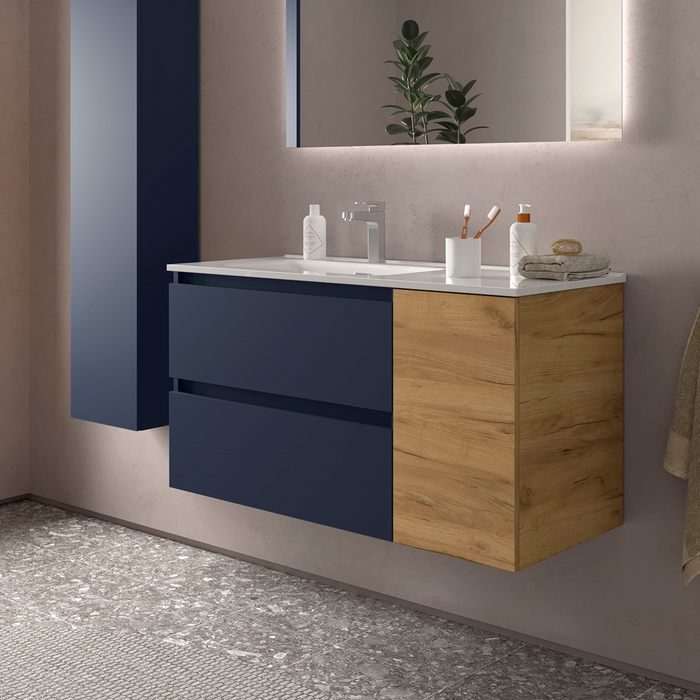 SALGAR BEQUIA Mueble de Baño con Lavabo 2 Cajones 1 Puerta Derecha Azul Mate Roble