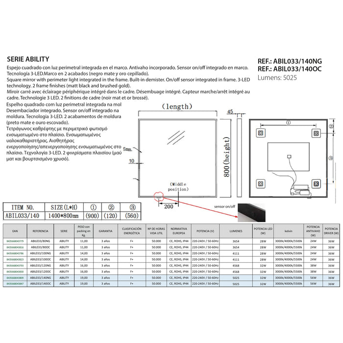 LEDIMEX ABILITY Espejo LED Perimetral Oro Cepillado